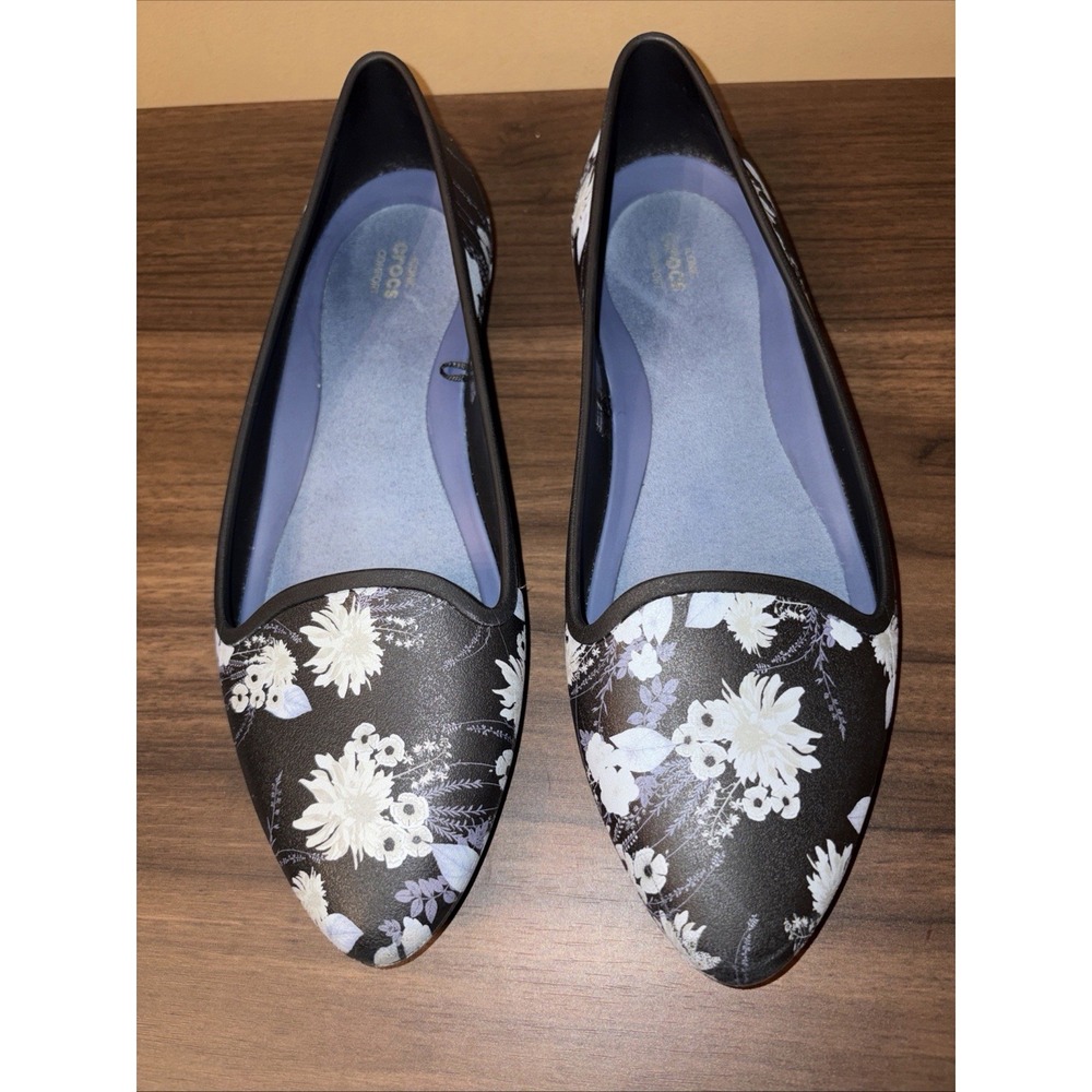 CROCS Eve Sz 11 Graphic Floral Ballet Slip On Black Blue Gray Almond Toe Flats